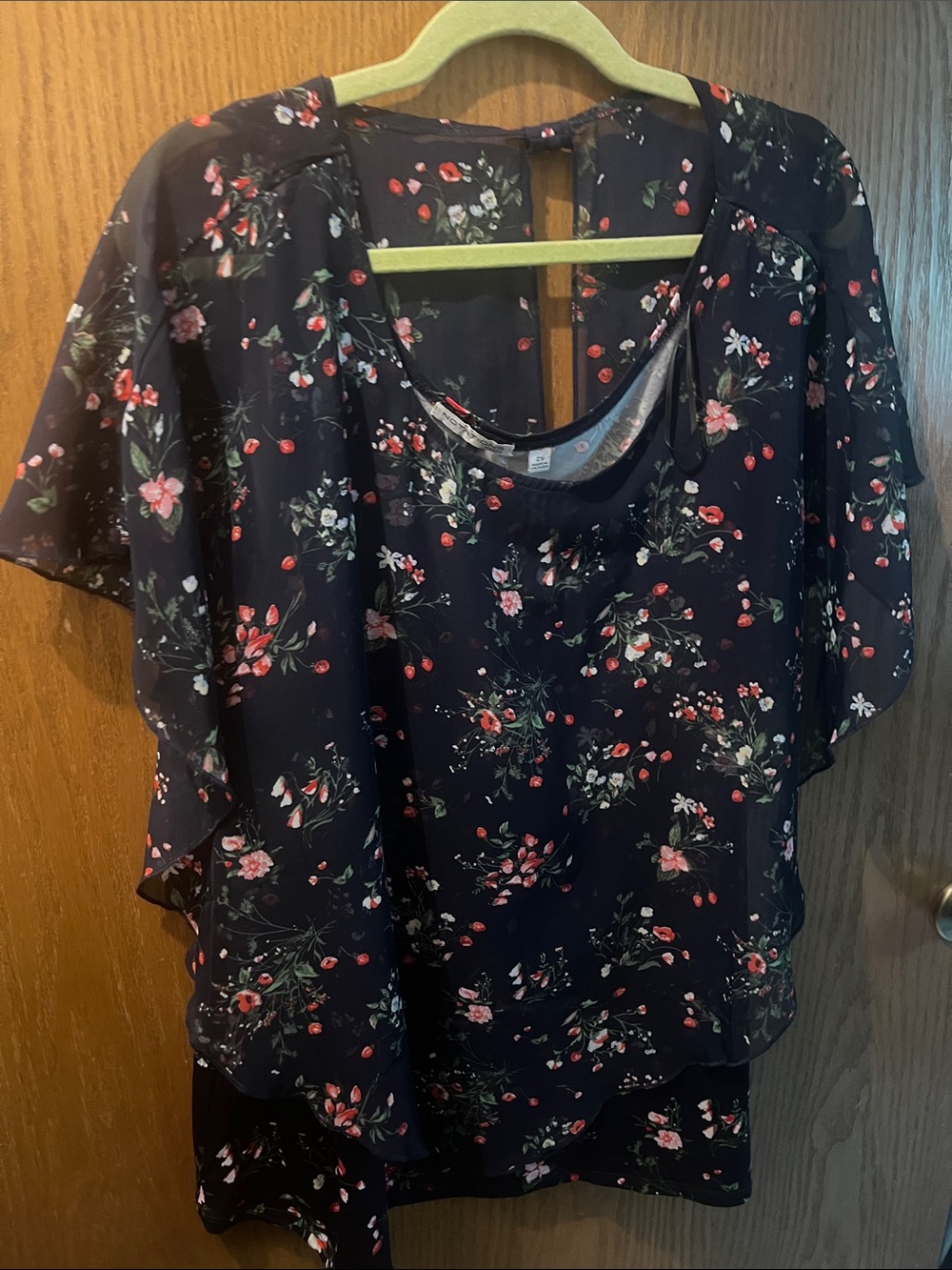 Notations Navy Floral Layered Flutter Sleeve Blouse